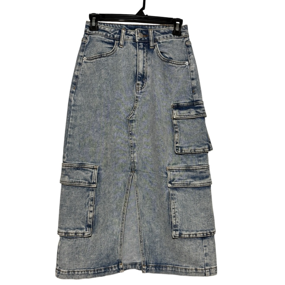 Y2K 90s Cargo Denim Jean Modi Skirt Size XS Acid Wash High Waisted Streetwear
